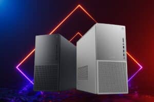 Two desktop computer towers in black and silver, displayed against a background with neon geometric shapes.