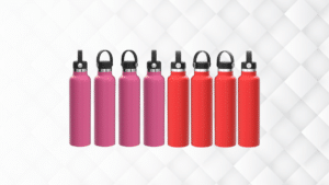 Eight water bottles in alternating shades of pink and red, displayed on a white geometric background.