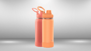 Two insulated water bottles in coral and peach colors, standing on a minimalist gray background with subtle spotlight effects.